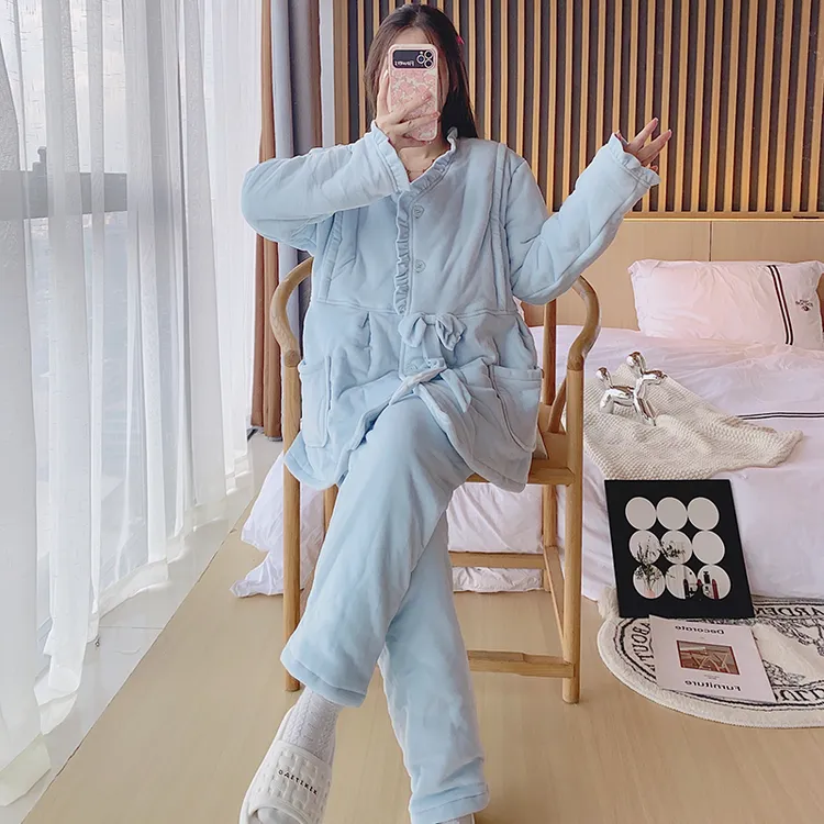 孕妇睡衣秋冬月子服产后加厚绒三层夹棉保暖哺乳喂奶珊瑚绒家居服