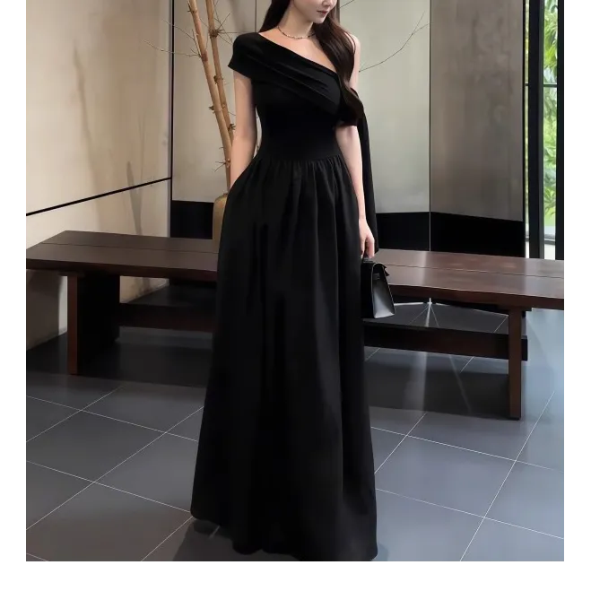 pinkmoon||法式纯欲风一字肩短袖连衣裙女夏季气质收腰显瘦长裙