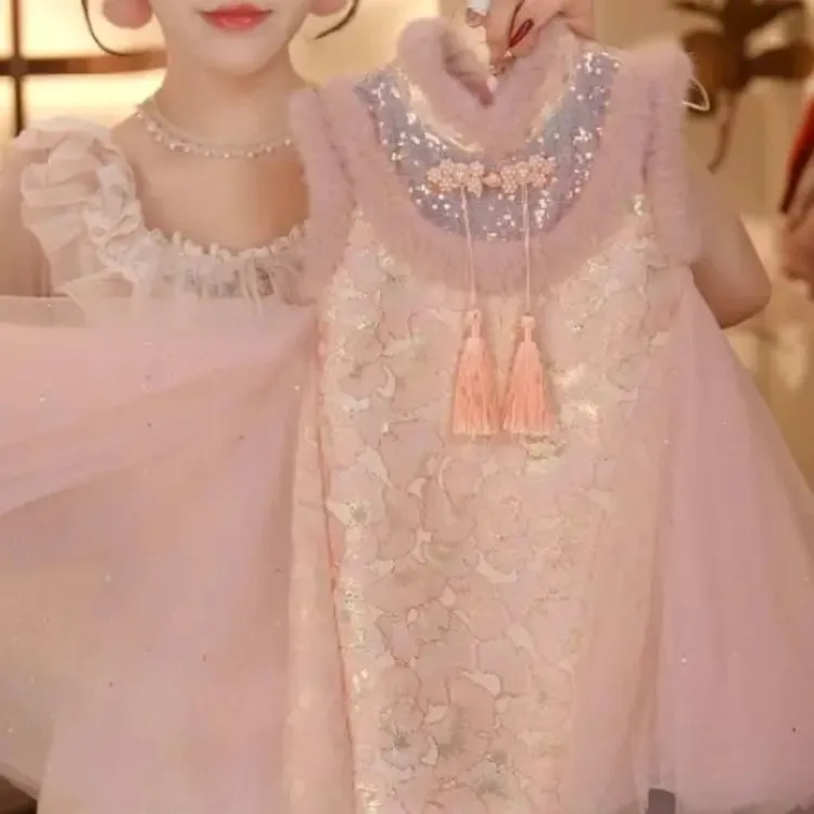 1570女童秋冬季加绒新款背心裙重工中国风连衣裙汉服童装刺绣