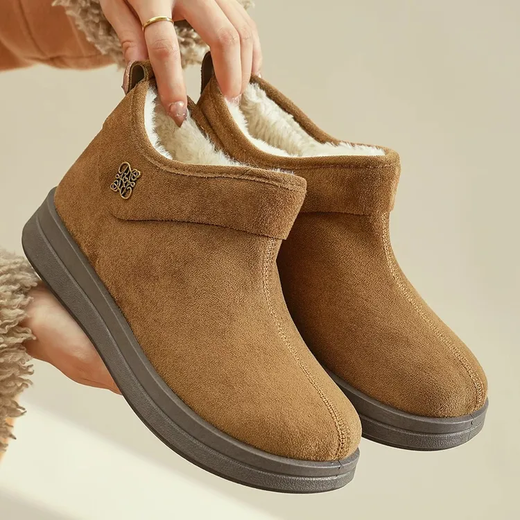 冬季女士棉鞋短靴一脚蹬平跟极简风雪地靴加绒加厚防滑耐磨短靴