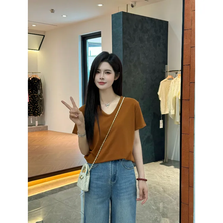 宿慕SUMU 纯色V领短袖T恤 5-10夏季新款韩版简约舒适宽松上衣1182