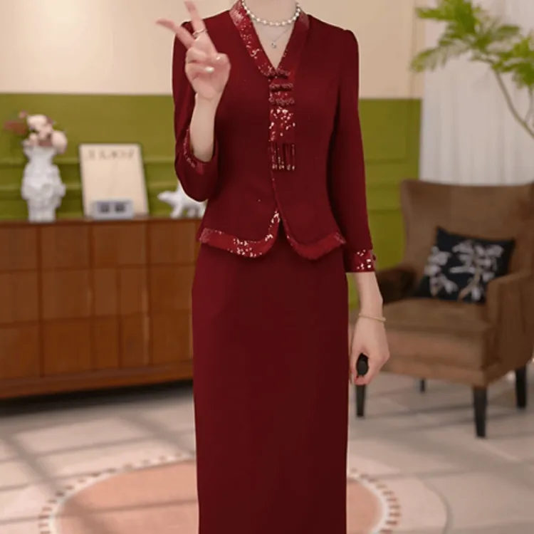  A544【连衣裙】2025早秋新款时尚优雅气质喜宴妈妈装假两件连衣裙