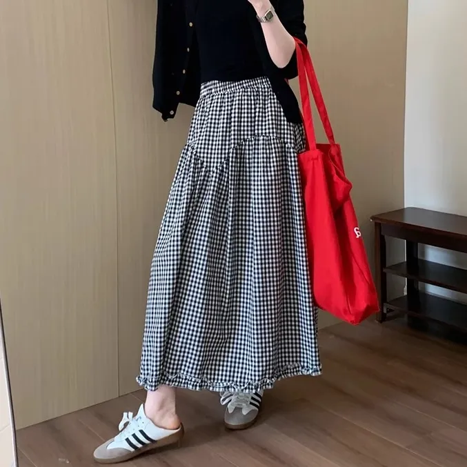 法式木耳花边拼接半身裙女2025夏季新款小个子气质百搭中长花苞裙