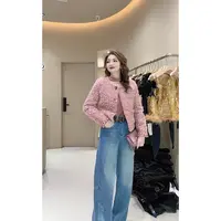 涵儿家 秋冬小香风亮片圆领加绒粗花呢外套