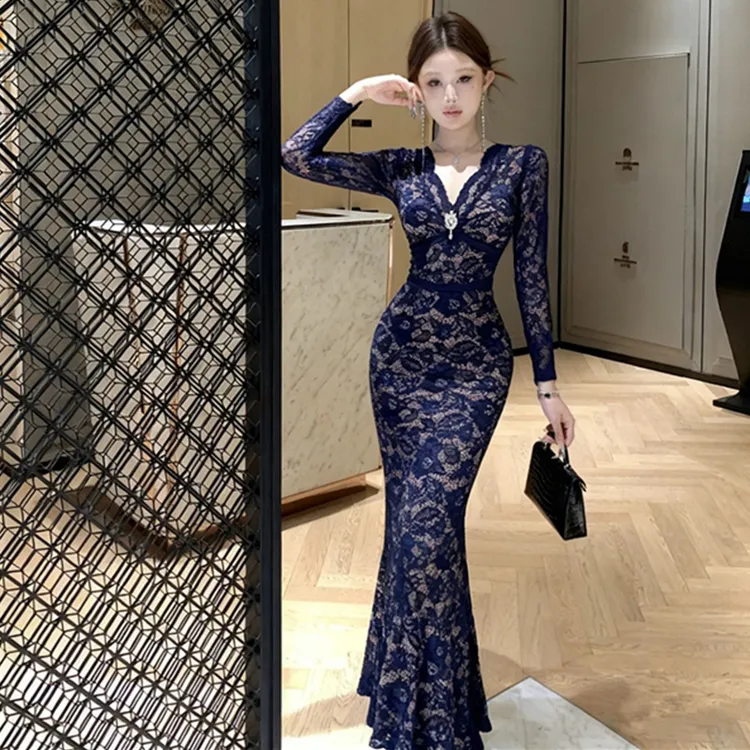 法式名媛风优雅V领长袖蕾丝连衣裙性感气质收腰包臀礼服鱼尾长裙