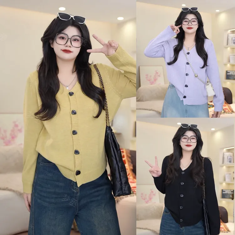 梦丞-大码女装胖mm冬季宽松遮肉V领时尚百搭单排扣针织开衫上衣