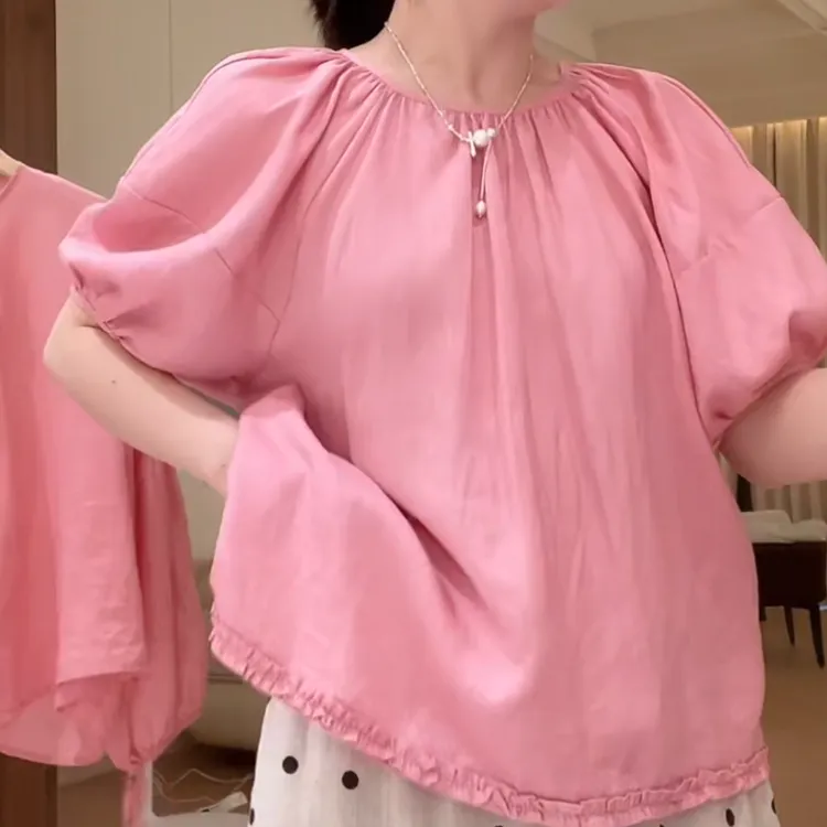 温柔风INS风纯色慵懒冰感小清新不闷热上衣2025夏季新款时尚短袖