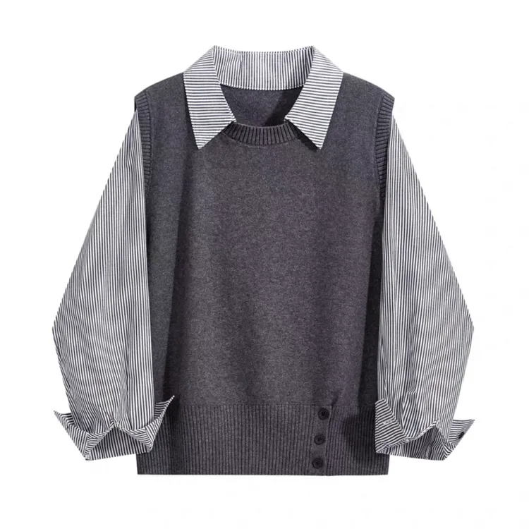 秋季新款法式拼接针织假两件条纹衬衫女高级设计感长袖针织-X3000