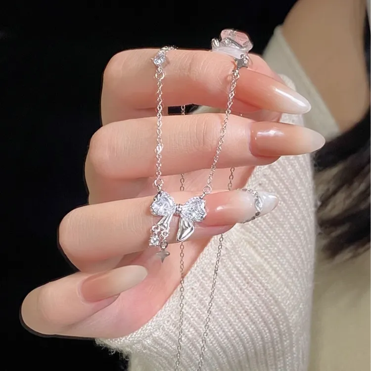 坠链均足银 999纯银闪闪蝴蝶结锆石项链女轻奢小众送女生生日礼物