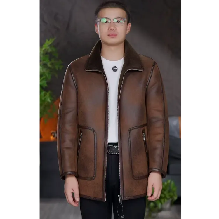 中长款100%羊毛一体男士休闲时尚外套海宁2025高档皮夹克保暖大衣