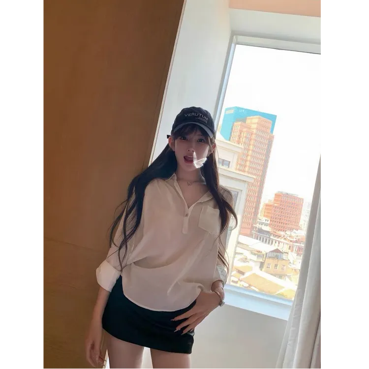 优秀的金蘑菇「智性老钱」白色防晒衬衫女夏七分袖宽松套头上衣