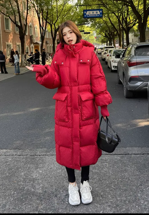 优等品长款半开领女合格品韩版加厚绗缝工艺情侣红色冬季连帽