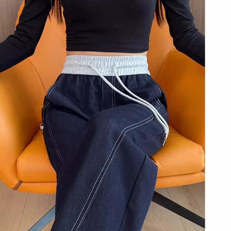 丹宁蓝牛仔裤女松紧腰牛仔香蕉裤高腰显瘦修饰腿型百搭宽松阔腿裤