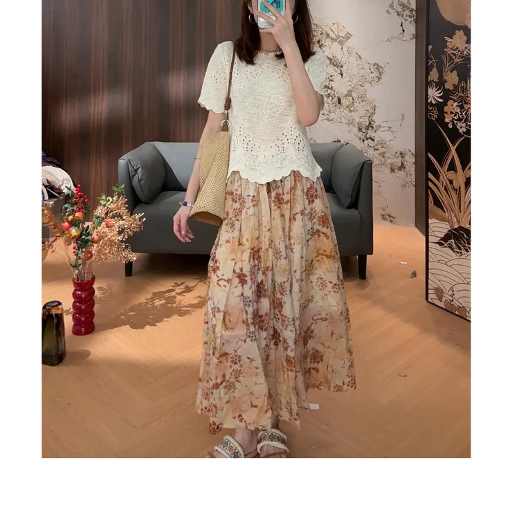 【LIbaibai】夏装2025年新款高腰显瘦薄款花色半身裙BB-2190