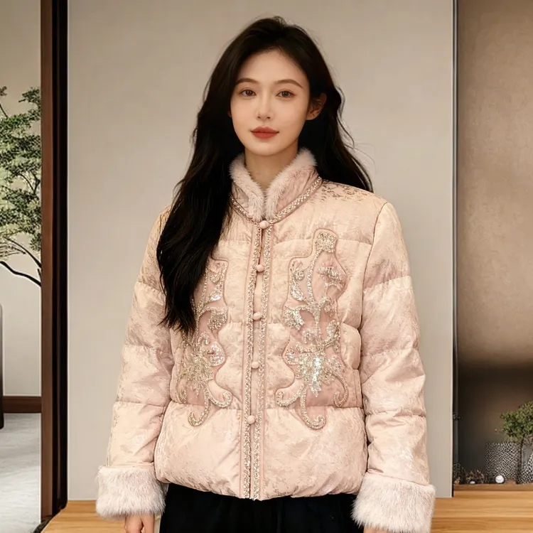 新中式国风羽绒服白鸭绒2025新款女外套气质百搭重工钉珠亮片立领