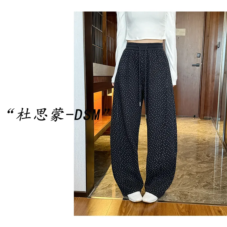 （杜思蒙服饰）Y8039-【宝藏裤子】韩系设计感印花小小花加绒休闲裤
