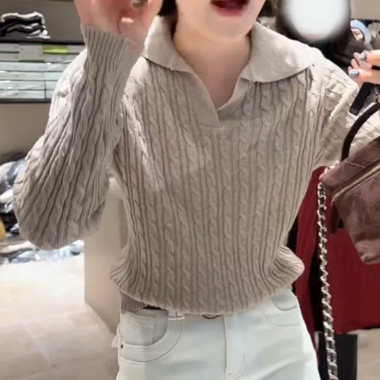 冬季时尚新款百搭显瘦韩系气质翻领老钱风针织polo上衣LK2508963