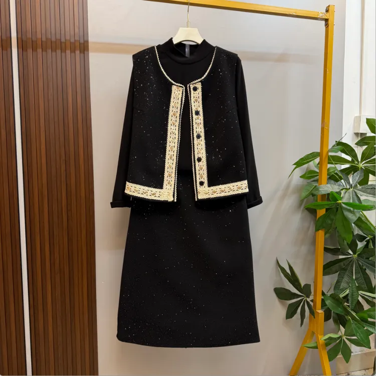 新款大码女装时尚洋气小香风蕾丝花边马甲十打底衫十半身裙三件套