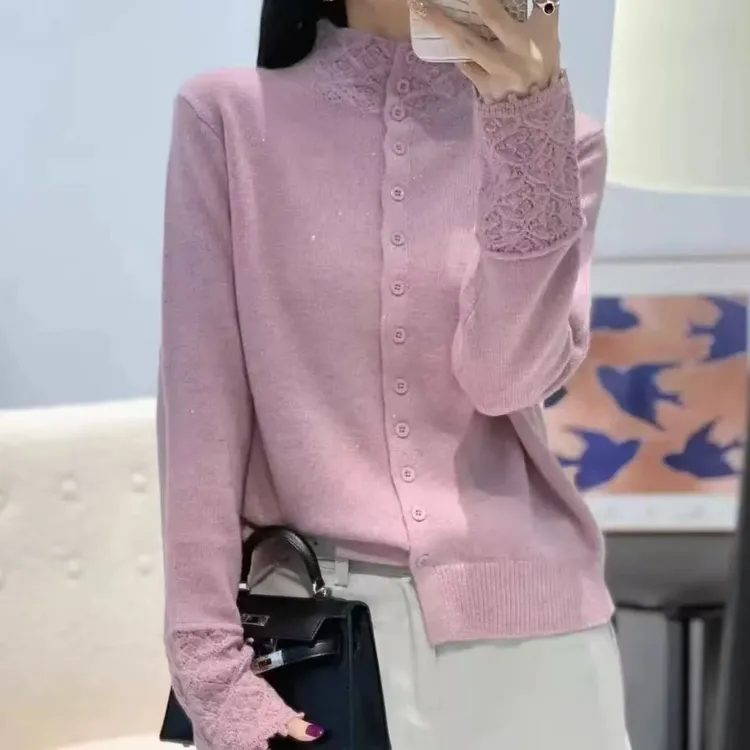 法式设计款镂空花边领针织衫金银丝珠片时尚开衫百搭减龄上衣5291