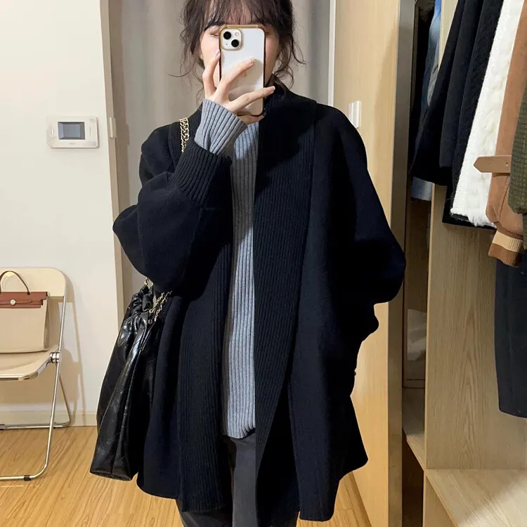 早秋中长款黑色开衫女高级感外套2025新款软糯慵懒风针织风衣外搭