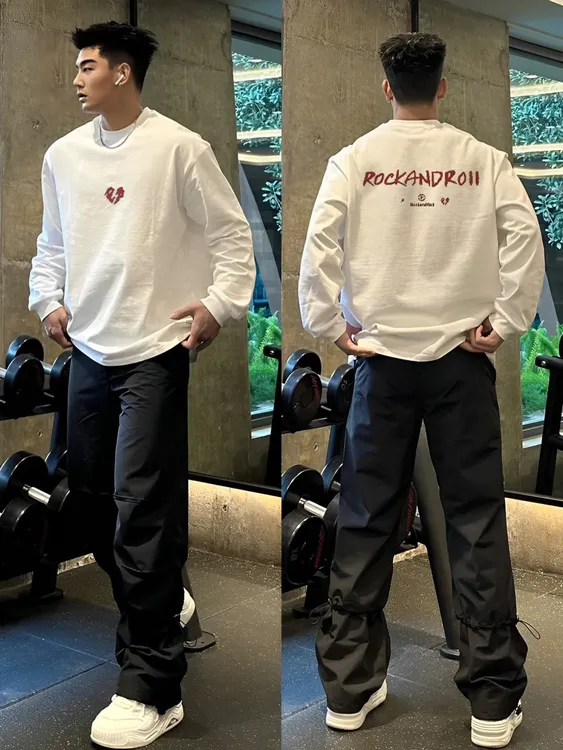 【重磅纯棉】休闲秋季长袖T恤美式百搭宽松潮流运动情侣简约印花ins