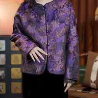 紫色油丝老料（外套）碎花秋季双层复古单排扣长袖女短外套25142