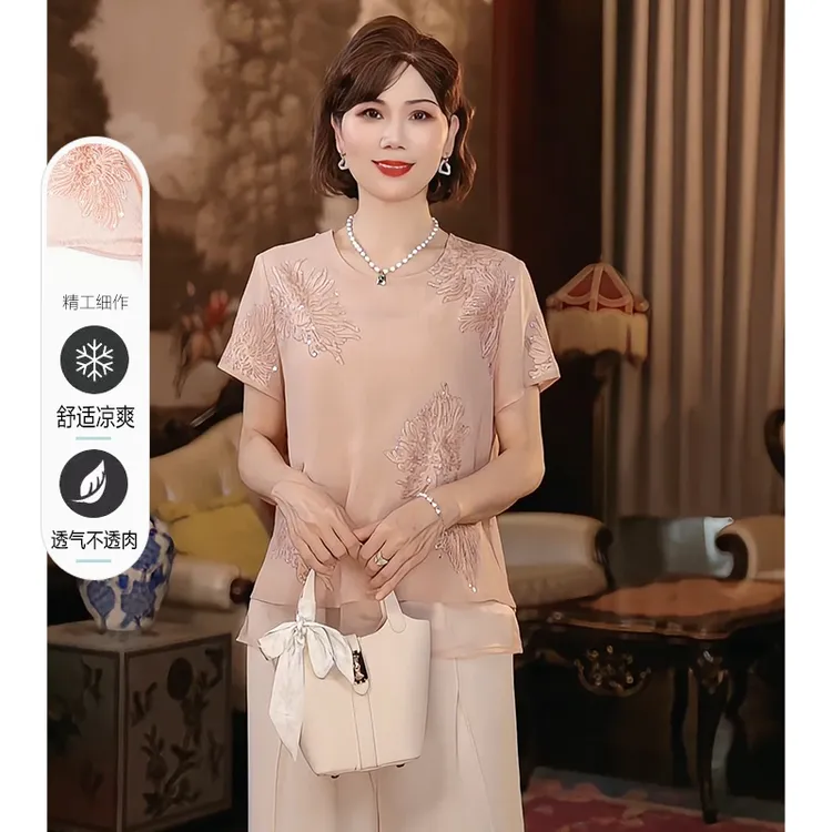 新中式妈妈夏装短袖T恤小衫2025新款洋气中老年女装上衣国风套装