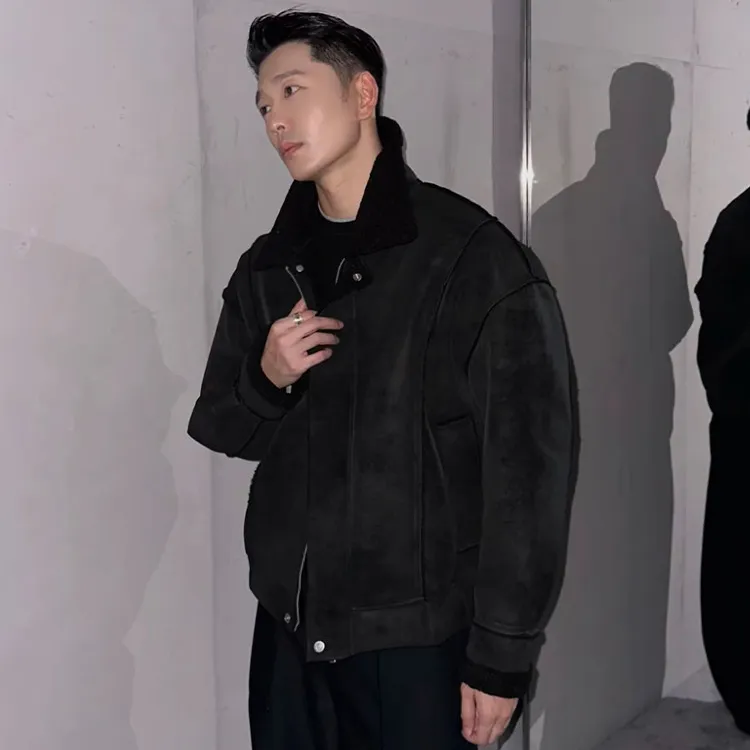 冬季翻领皮毛一体拉链潮流复古夹克弧形剪裁立领防鹿皮时尚外套潮