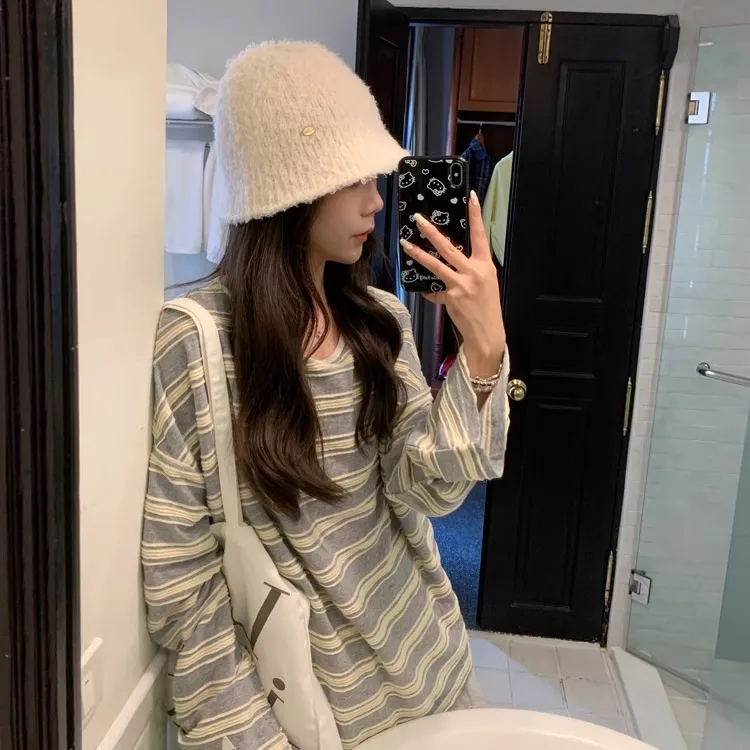 纯欲慵懒风女装撞色条纹长袖T恤宽松别致百搭韩版时尚外穿上衣