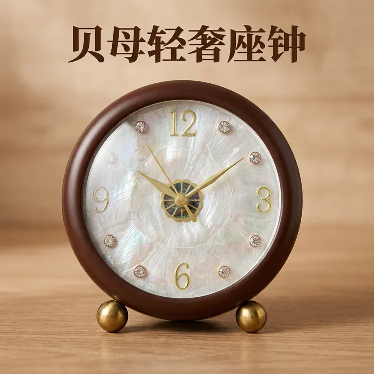 【灿灿外贸】2026轻奢贝壳座钟家用客厅桌面时尚静音创意台式时钟摆件商品图