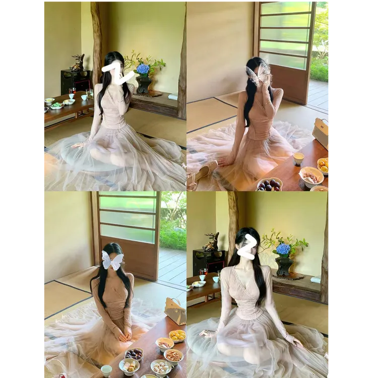 甜美纯欲气质V领蕾丝收腰长袖上衣+网纱半身裙防走光长裙裤套装