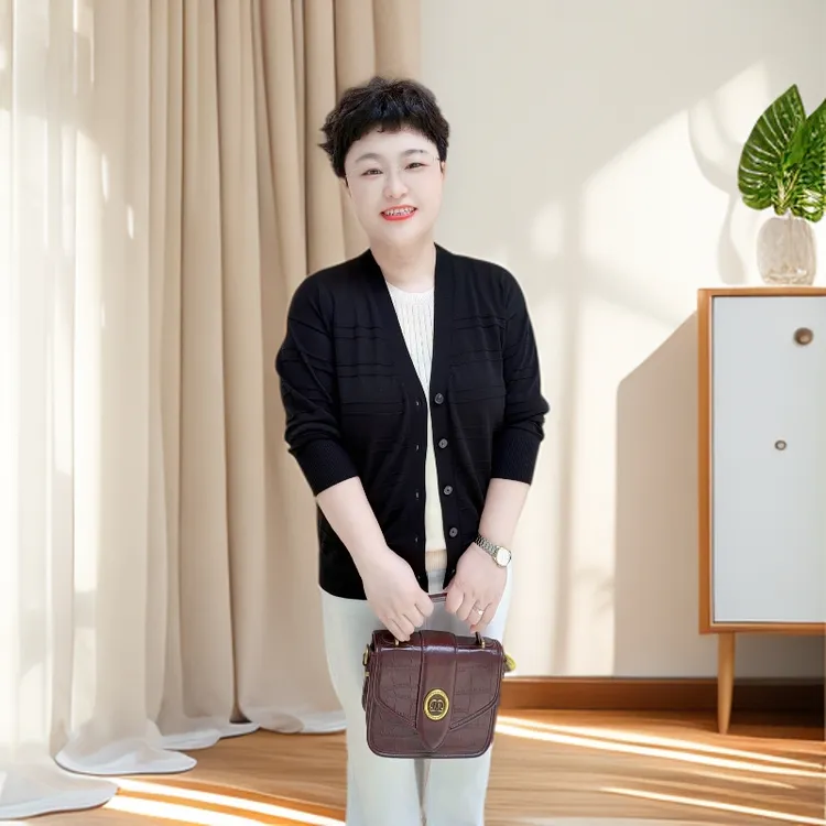 【条纹V领开衫】新款天丝莱赛尔（25310）女士中年长袖时尚宽松妈妈装