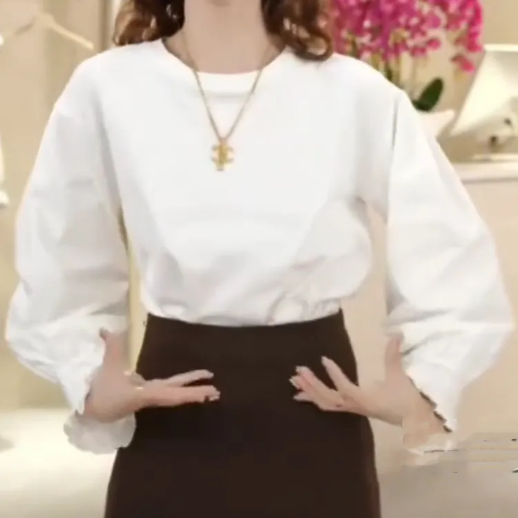 圆领拼接衬衣泡泡袖百搭时尚内搭T恤2025新款春季法式气质白衬衣