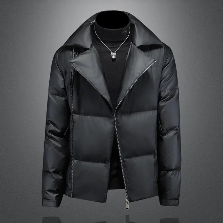 路约威格西装领羽绒服男装冬季新款加厚保暖斜拉链休闲白鸭绒外套