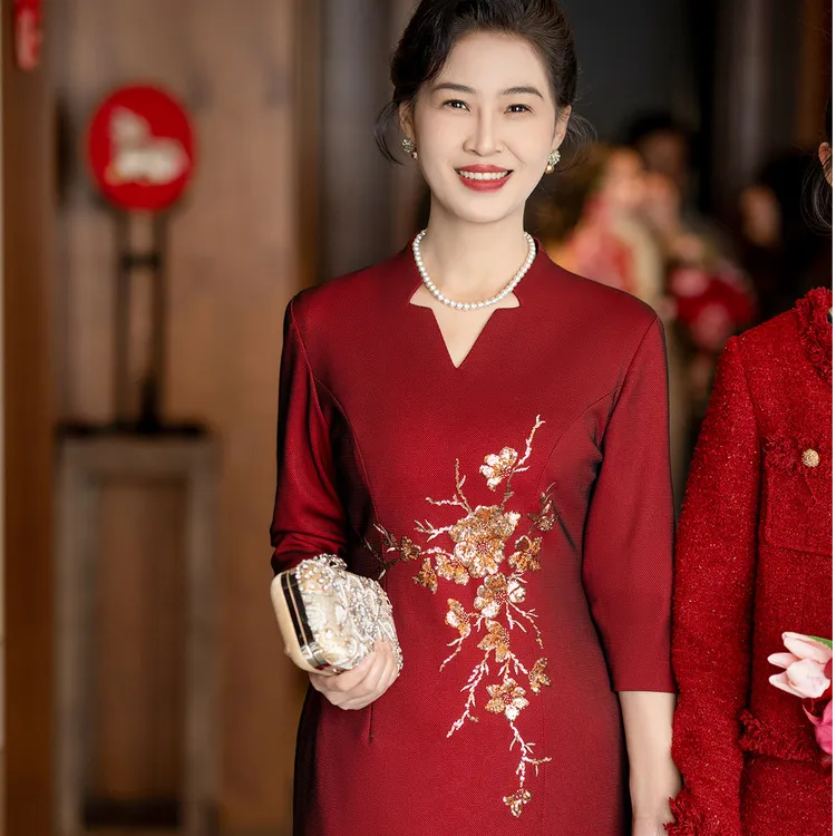 【千春词】喜婆婆结婚宴礼服新中式秋季妈妈红色长袖旗袍