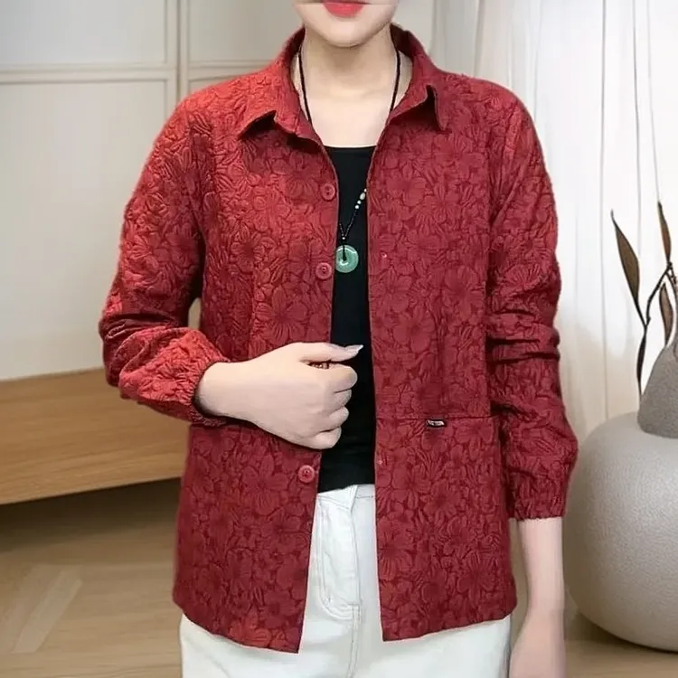 春装外套长袖开衫中老年女士春季单层薄款翻领衬衫妈妈纽扣开衫