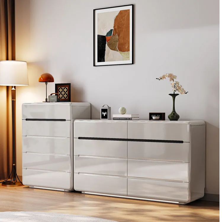 简约现代实木斗柜卧室床尾柜客厅漂亮五斗柜储物柜灰色烤漆感应灯