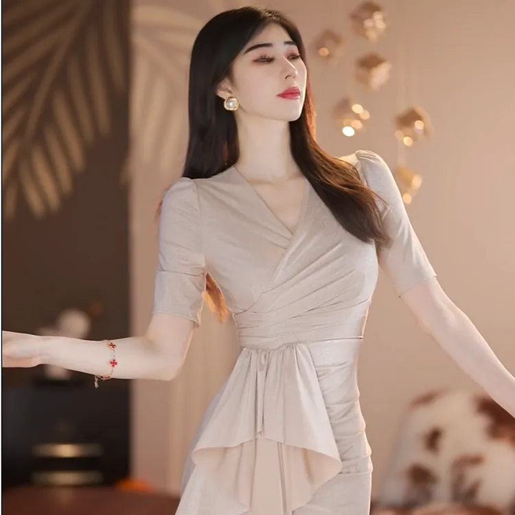 【火火】夏气质名媛高端女神范高级收腰显瘦轻奢粉色连衣裙-YL11435