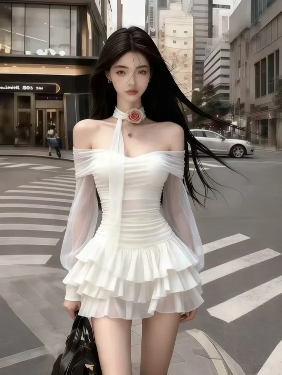 秋冬轻奢千金风名媛纯欲气质白色一字肩露肩网纱中腰氛围感连衣裙