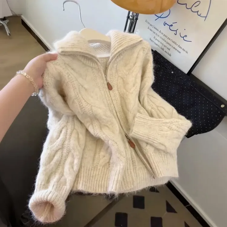 复古慵懒风拉链麻花针织开衫女2025秋冬新款气质软糯毛衣外套上衣