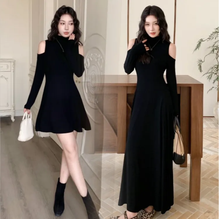 早秋设计感辣妹修身露肩长袖连衣裙女性感纯黑色半高领收腰显瘦A