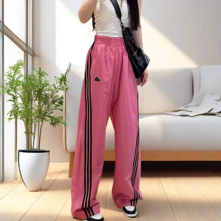 8447男女同款休闲裤侧边三条杆高腰宽松直筒阔腿裤