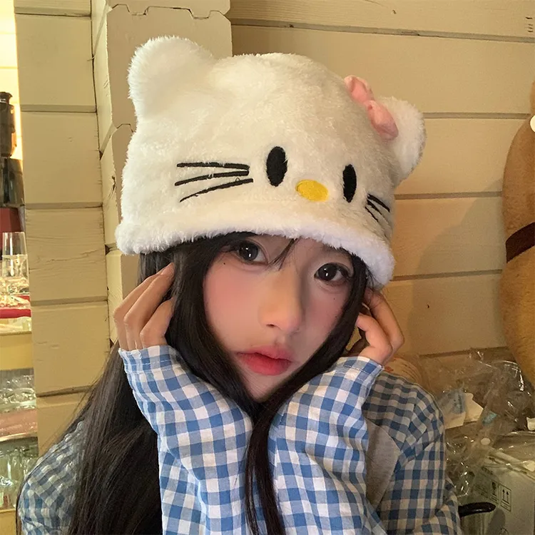 卡通可爱Kitty猫咪毛绒帽子女款秋冬季显脸小包头帽大头围护耳帽 