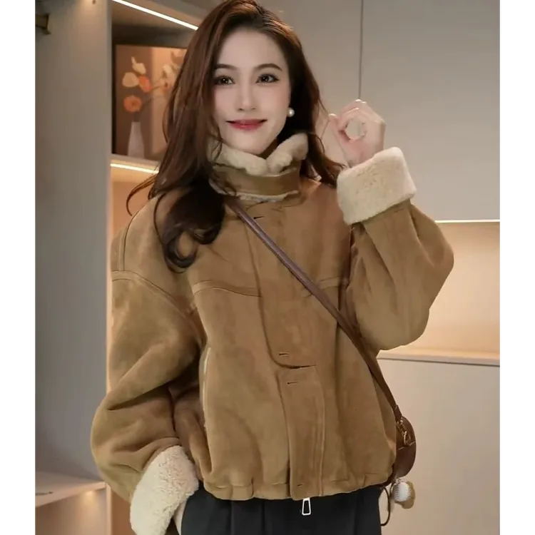 加厚版流行超好看毛毛一体加绒加厚短外套女2025秋冬时尚洋气上衣