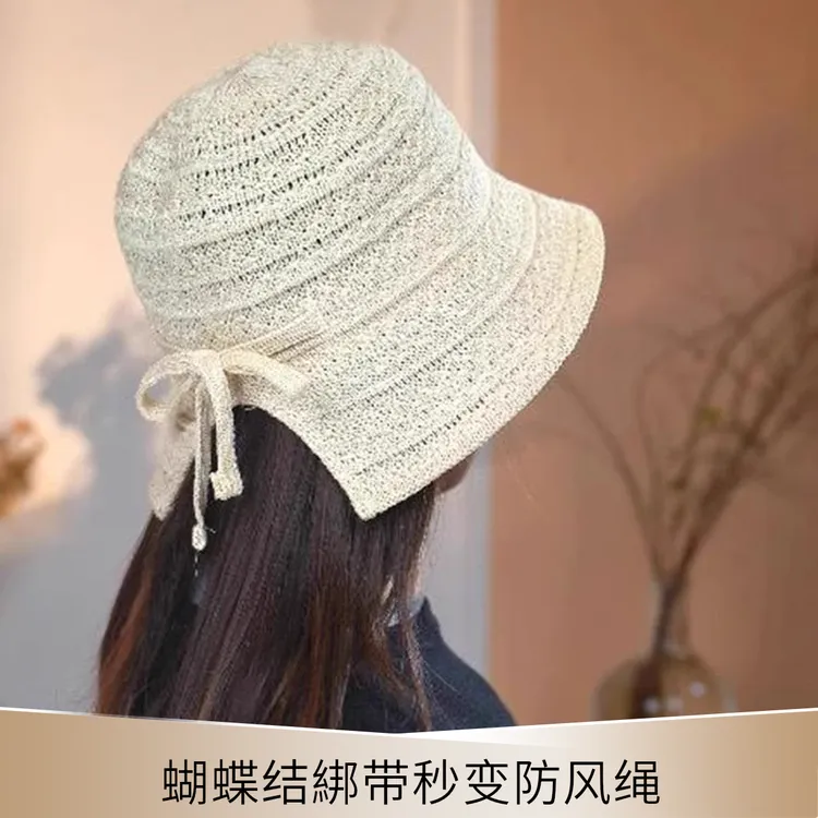 日系纯色针织蝴蝶结渔夫帽子女春夏2025新款透气遮脸盆帽时尚遮阳