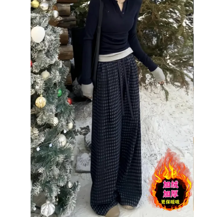 复古格纹加绒裤子2025冬季新款大码胖MM宽松显瘦慵懒风垂感阔腿裤