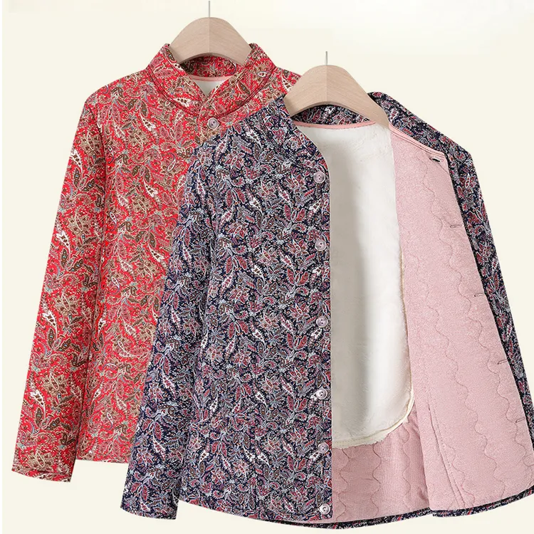 妈妈装秋冬加绒加厚棉衣中老年女装碎花小棉袄长袖保暖棉服