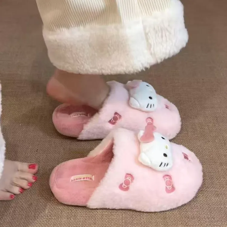 精致印花猫咪卡通厚底包头拖鞋女2025冬季外穿防滑舒适居家毛毛鞋