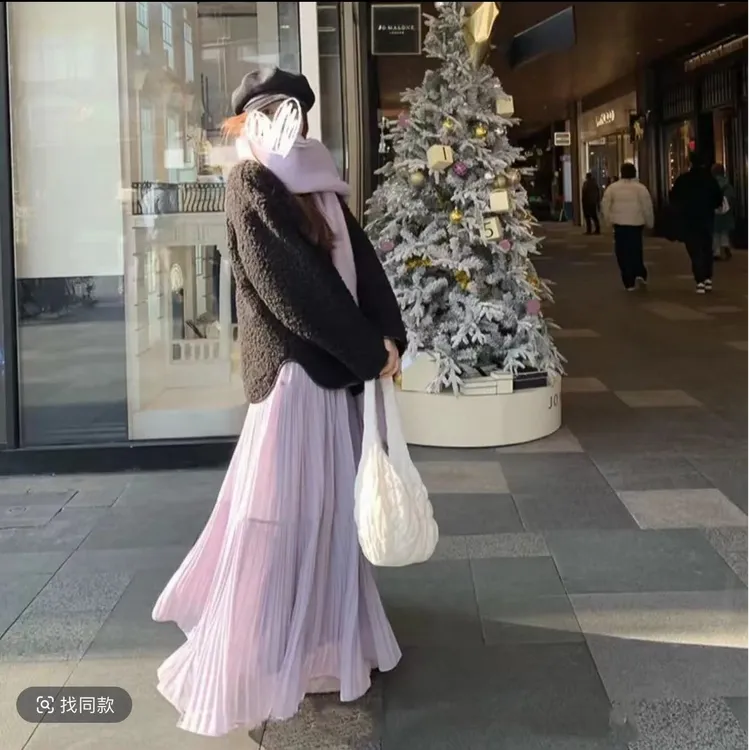 秋季2025温柔风紫色半身裙洋气高腰仙女裙早春气质百搭压褶裙长裙