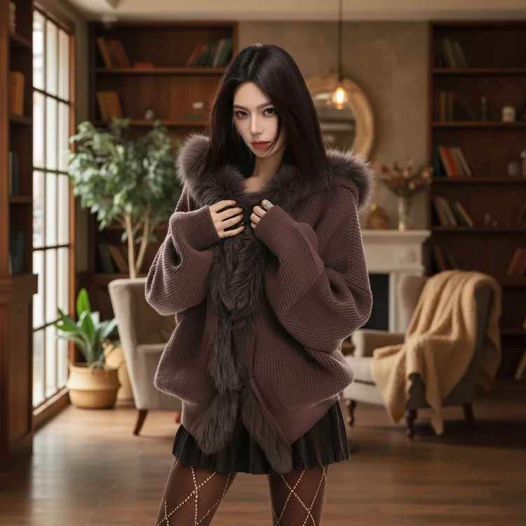 美式设计感气质大毛领连帽毛衣女秋冬新款慵懒风保暖针织开衫上衣